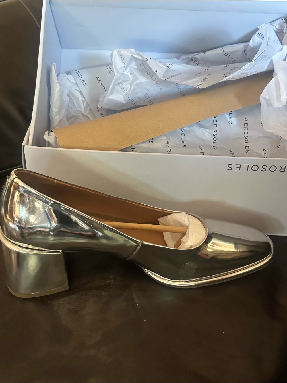 AEROSOLES Shiny Metallic Silver Block Heel Loafers